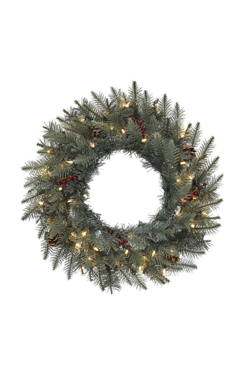 Perfect Holiday 24" Pre-lit Carolina Spruce Wreath With Pine Cones And Red Berry Clusters